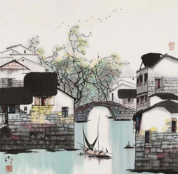 江南水乡风景,苗雨绘画作品丨国画