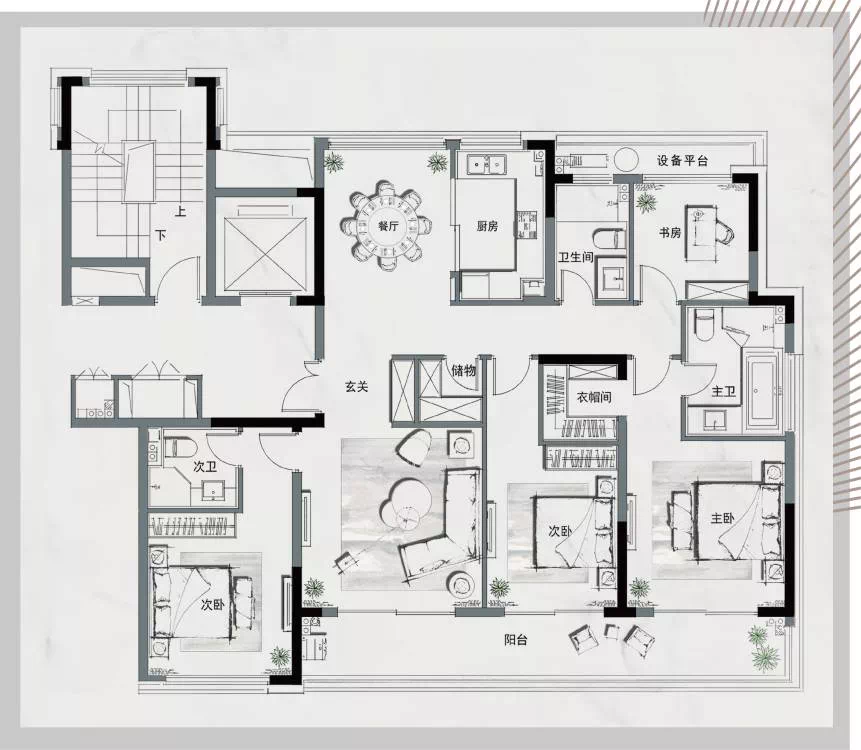 (以上户型为万城·万杭府建筑面积约160㎡户型平面示意图,分隔布置仅