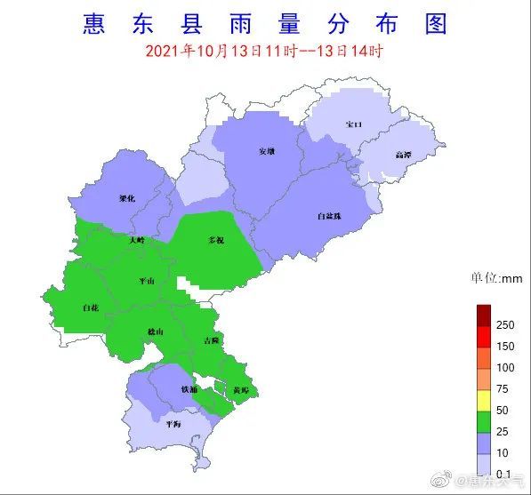 【惠东风雨实况】10月13日14时录得过去3小时雨量(毫米:白花44,平山