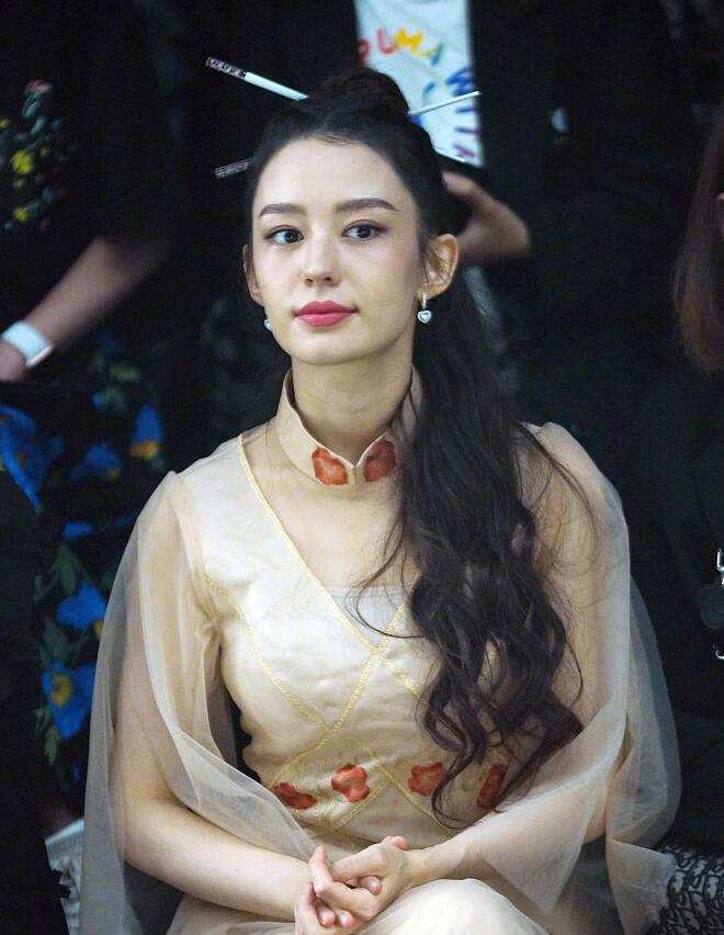 吉娜现身上海时装周身穿改良旗袍头插两根筷子来看秀