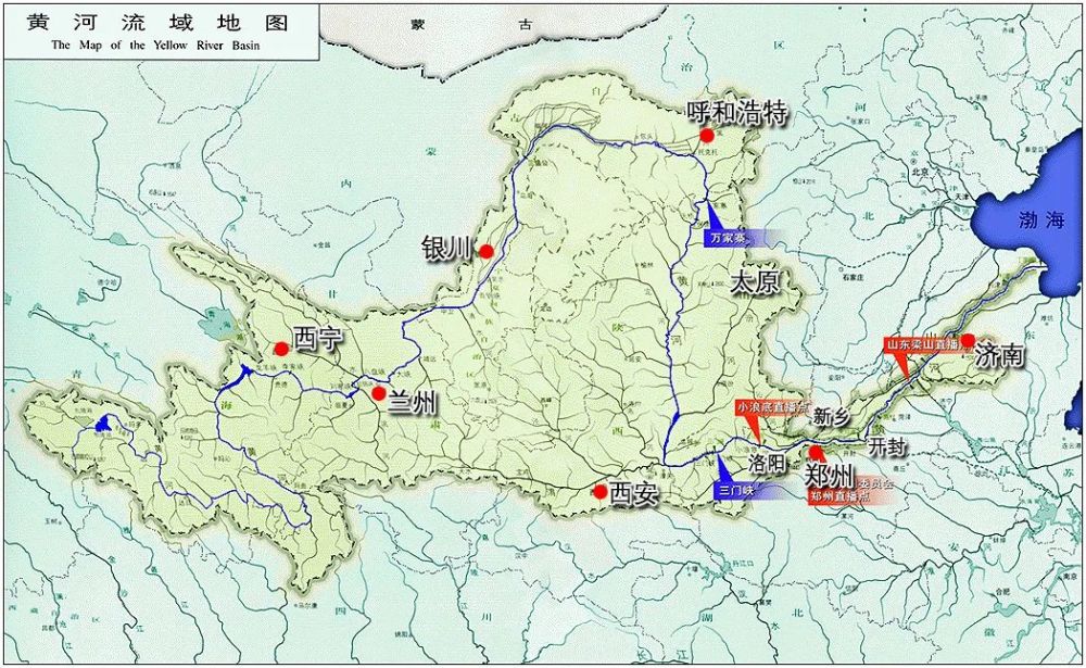 四川,甘肃,宁夏,内蒙古,山西,陕西, 黄河流域主要城市分布示意图(图源