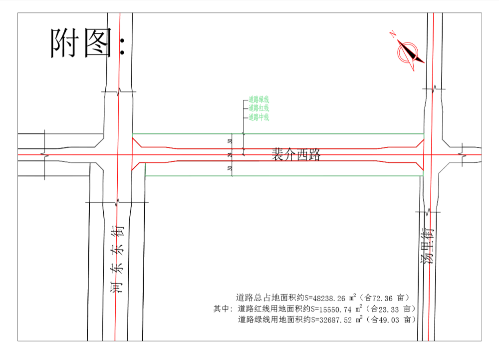 36亩),道路红线宽度24m,绿化带宽度为道路红线两侧各30m.