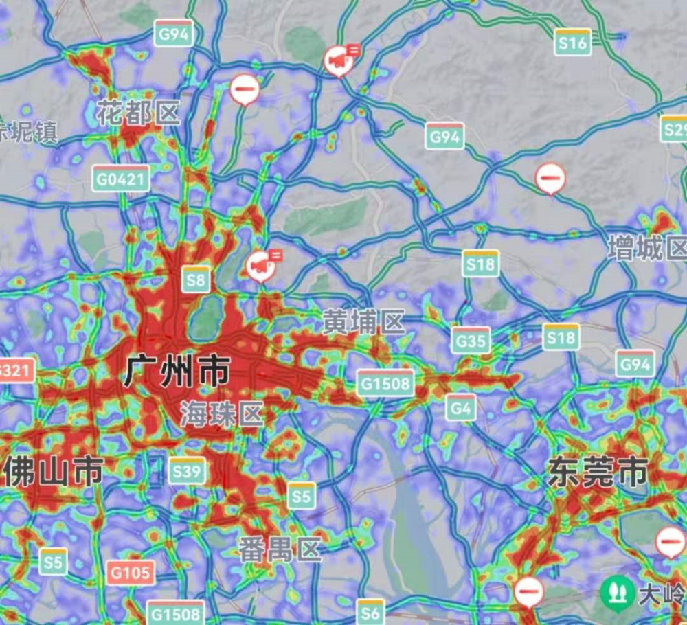 图源:百度地图 从广佛热力图来看,佛山中心区的热度基本 与广州中心区