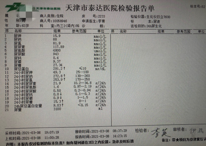 尿蛋白定量>3.5g/24h为大量蛋白尿.