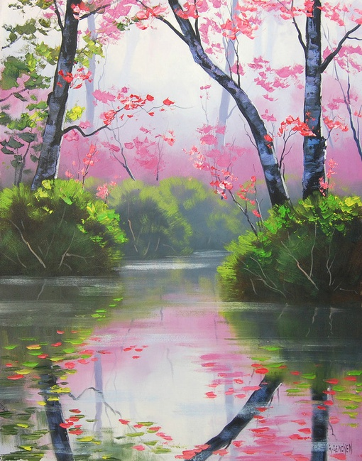 油画艺术家artsaus唯美绚丽的花树风景手绘作品