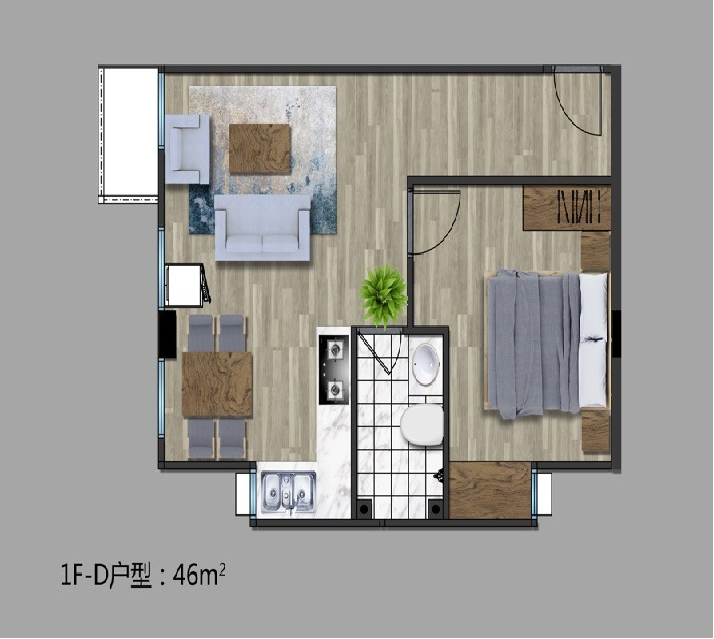 1f-c loft户型图   32㎡ 21㎡=53㎡    两室一厅一卫