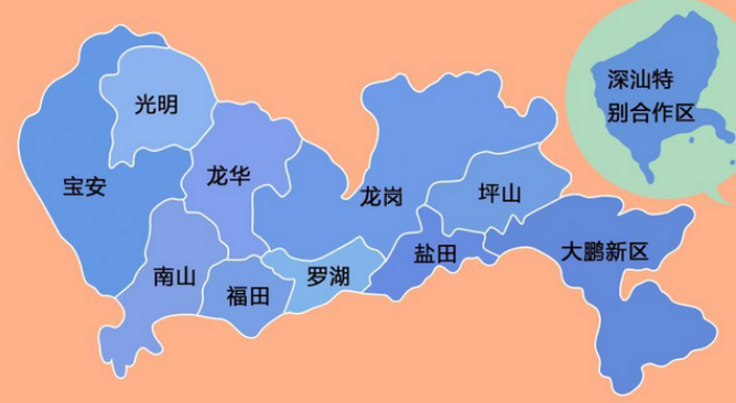 47平方公里,全市下辖11个区域,行政区9个,功能区2个:行政区域划分深圳