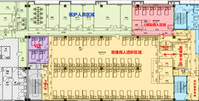 的透析中心,黄色是普通病人透析区域,医疗废物是通过独立通道分别处置
