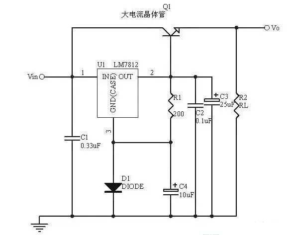 下图这一款是在互联网上流传的7812三端稳压器扩流电路图,没有查到