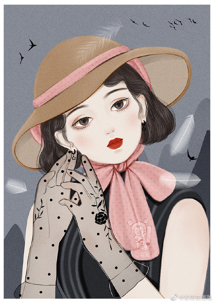 最美手绘民国风旗袍少女春忍在画画