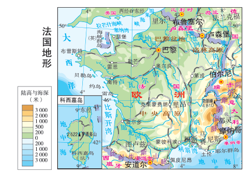 南部山地高原(阿尔卑斯山,中央高原,洛林高原,北部有著名的巴黎盆地