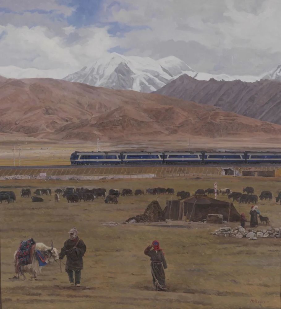 白展望《青藏铁路》150cm×137cm 油画 2009年 中国美术馆藏