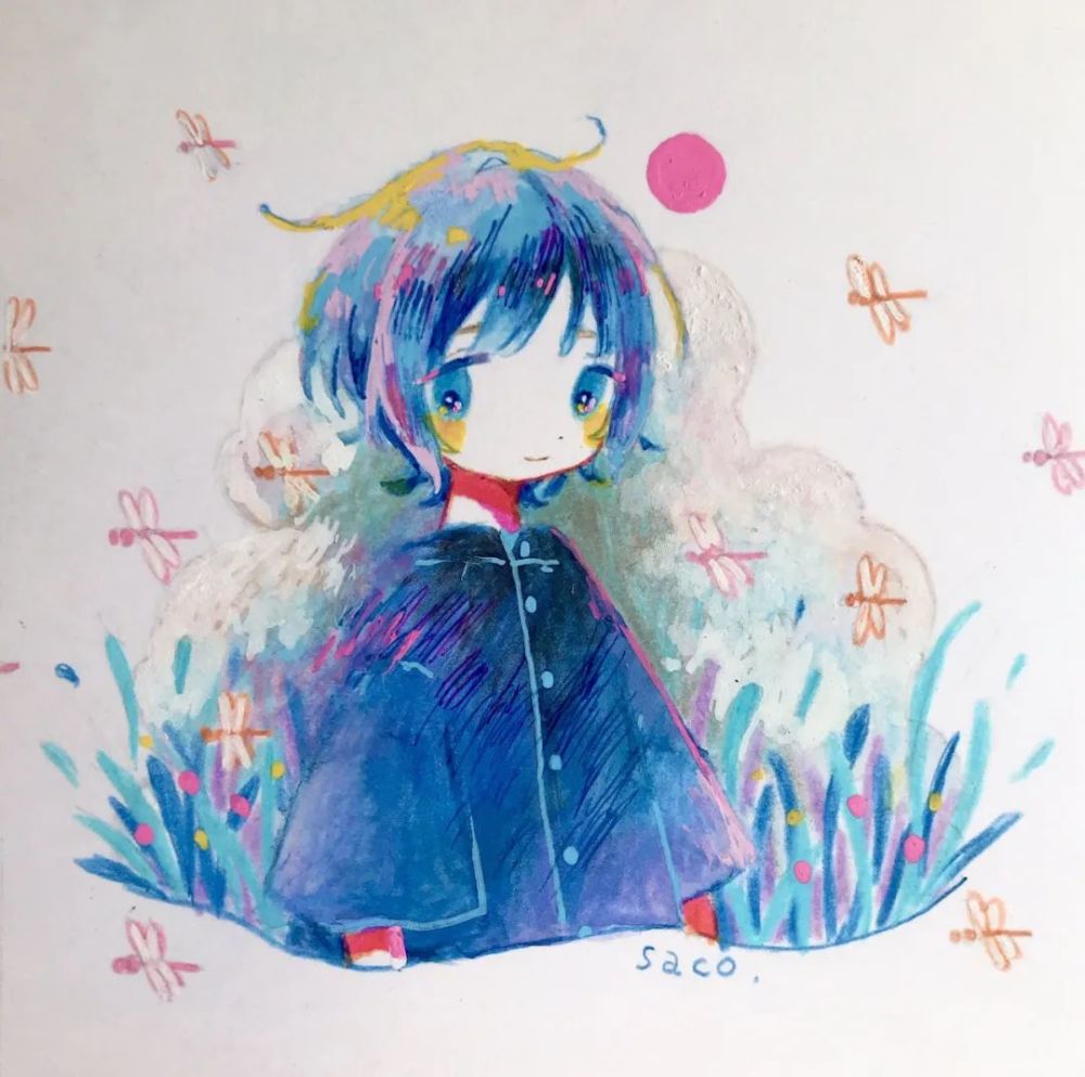 插画壁纸可爱哦蓝色系治愈系卡通人物新手临摹
