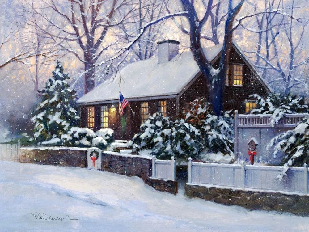 冬季雪景,美国画家保罗·兰德里风景绘画作品