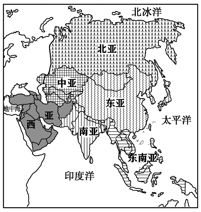 按照地理方位,把亚洲分为东亚,东南亚,南亚,西亚,中亚和北亚6个地区.