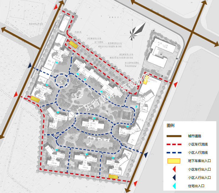 小区花园结合景观预留仅供应急,消防,防灾使用的应急出入口.交通设计