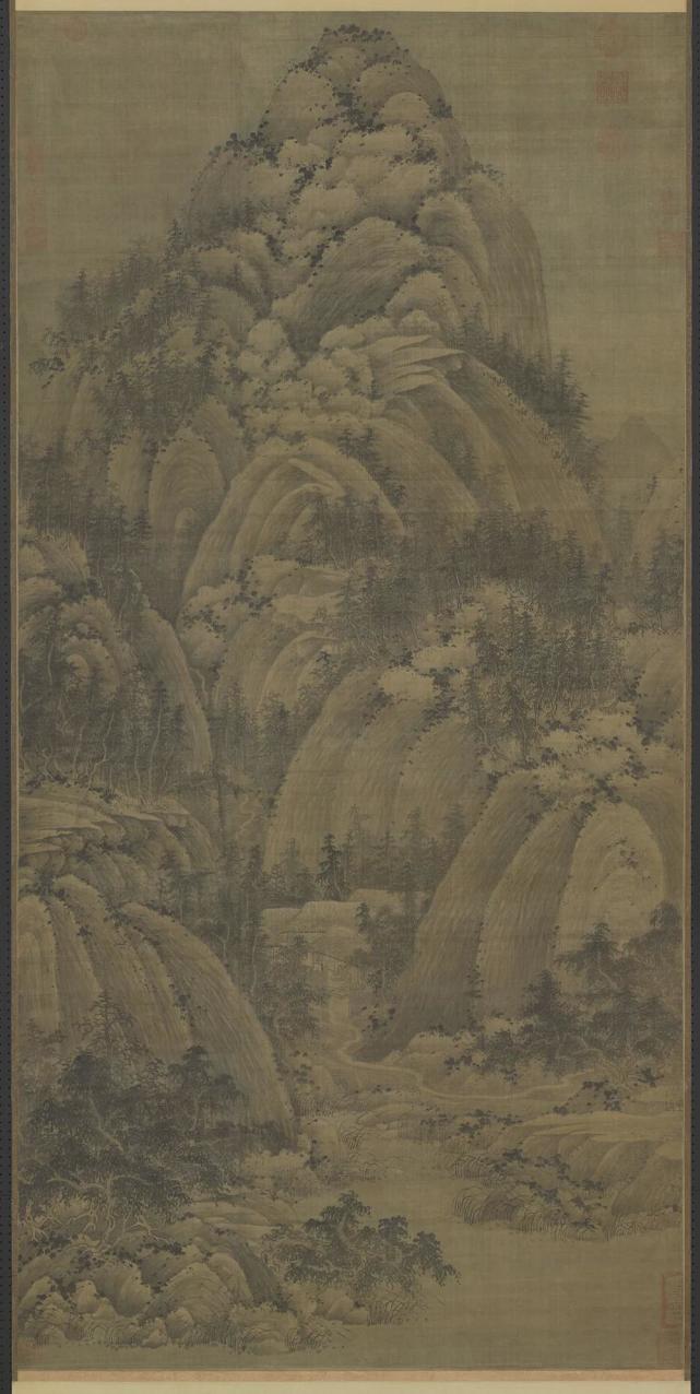 如,范宽的《溪山行旅》二,高远法:上下抬头的视线看山,画出耸立的高山