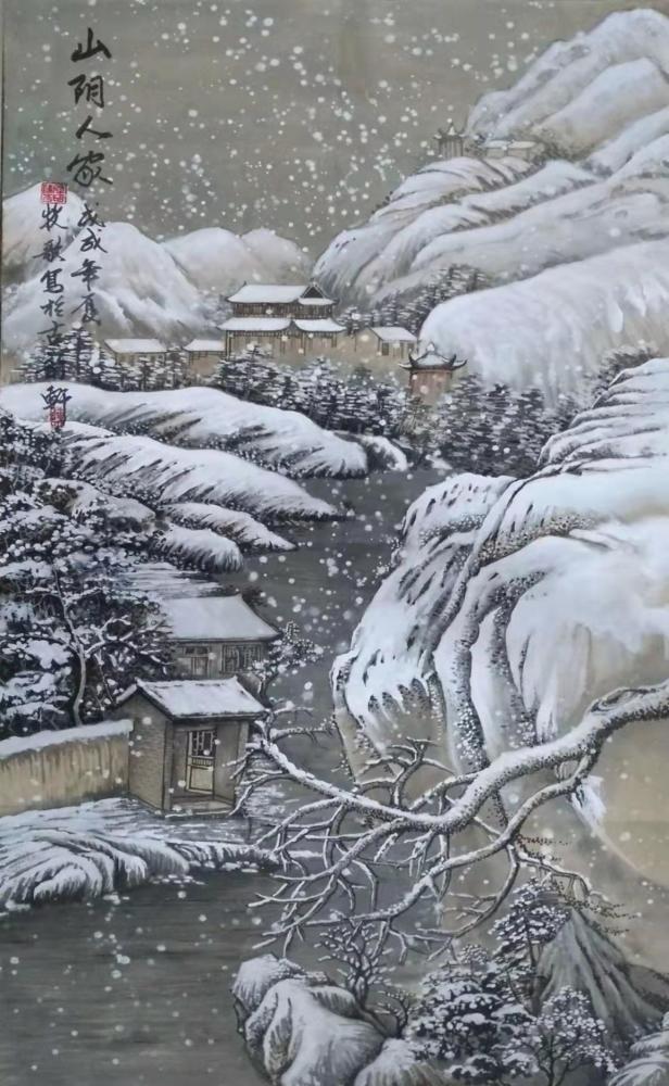 在陈少刚的雪景画中,借以水墨勾勒出的冰雪之境,并非是单调枯燥的,更