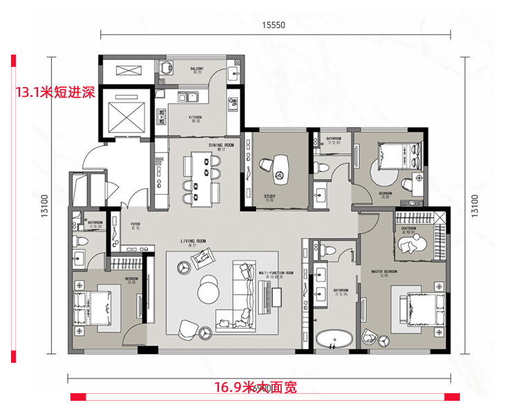 中国铁建西派国樾192㎡户型是四室两厅三卫设计,南向总面宽16.