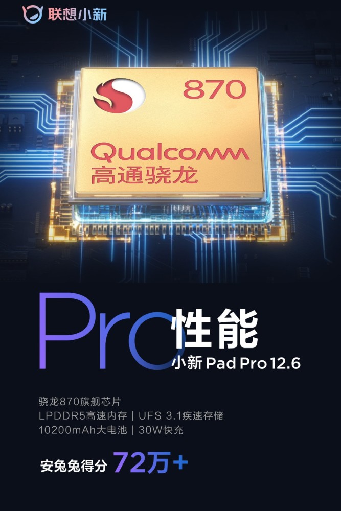 小新pad pro12.6将搭载骁龙870芯片 支持30w快充