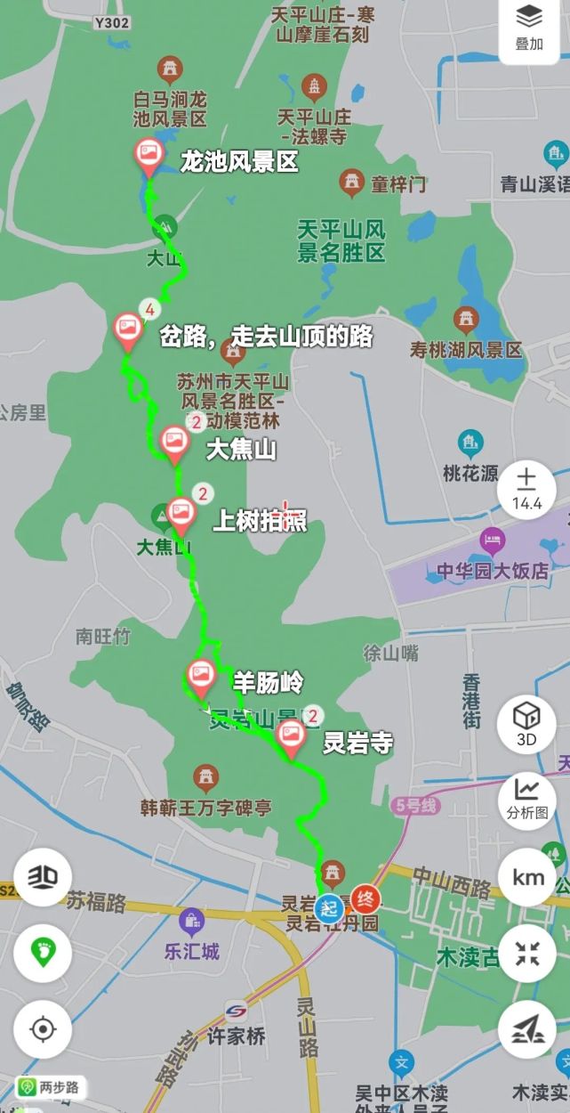 以下是我们徒步线路图——灵白线,所谓的灵白线,就是从灵岩山到白马