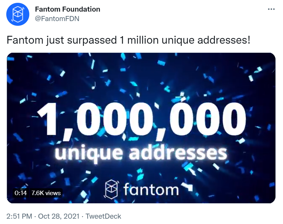 fantom 链上独立地址数突破100万