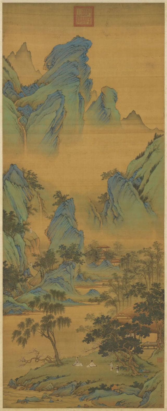桃源仙境图 明代 仇英此图为仇英为陈官所作青绿山水大轴,绘世外桃源