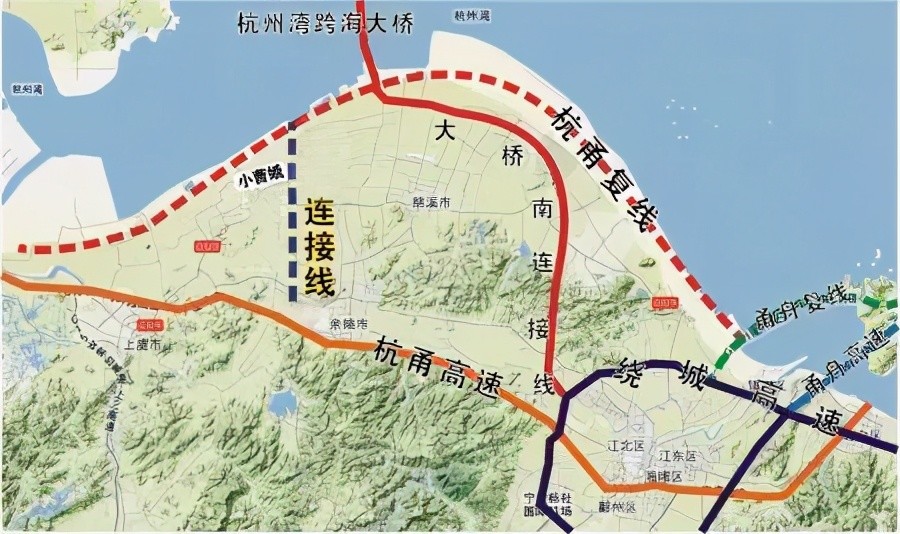 分别为杭州湾智慧高速公路,沪嘉甬铁路以及沪甬跨海大通道