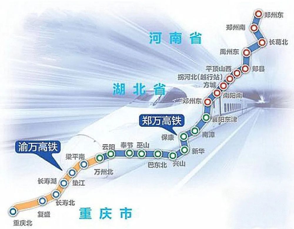 郑万高铁起于郑州东站,至万州区连接渝万高铁.