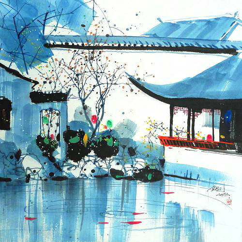 吴冠中笔下清新透亮的江南春景手绘作品
