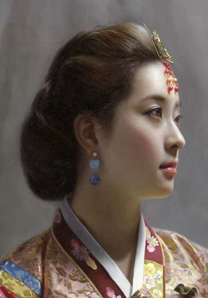 朝鲜精品人物油画:《英姬》,李明进(功勋艺术家),尺寸:128-86 厘米