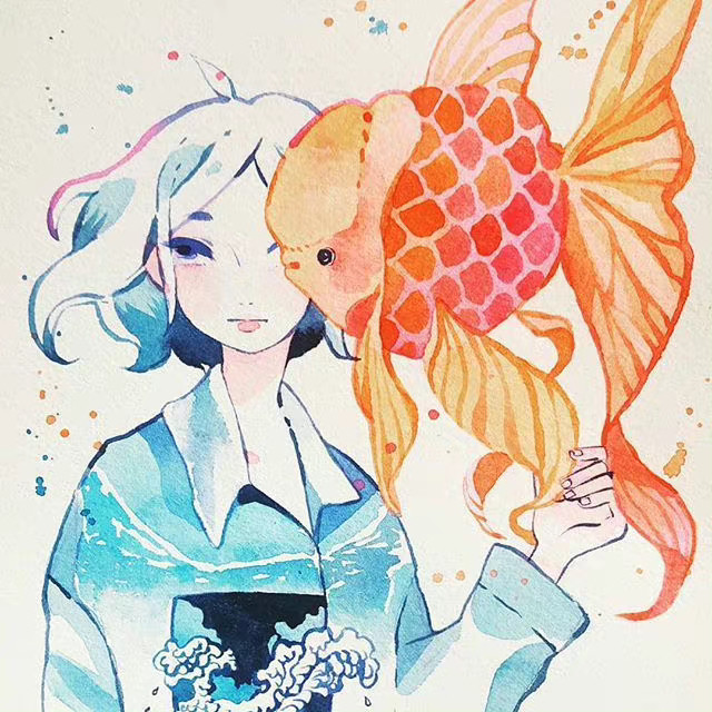 小清新水彩金鱼和少女
