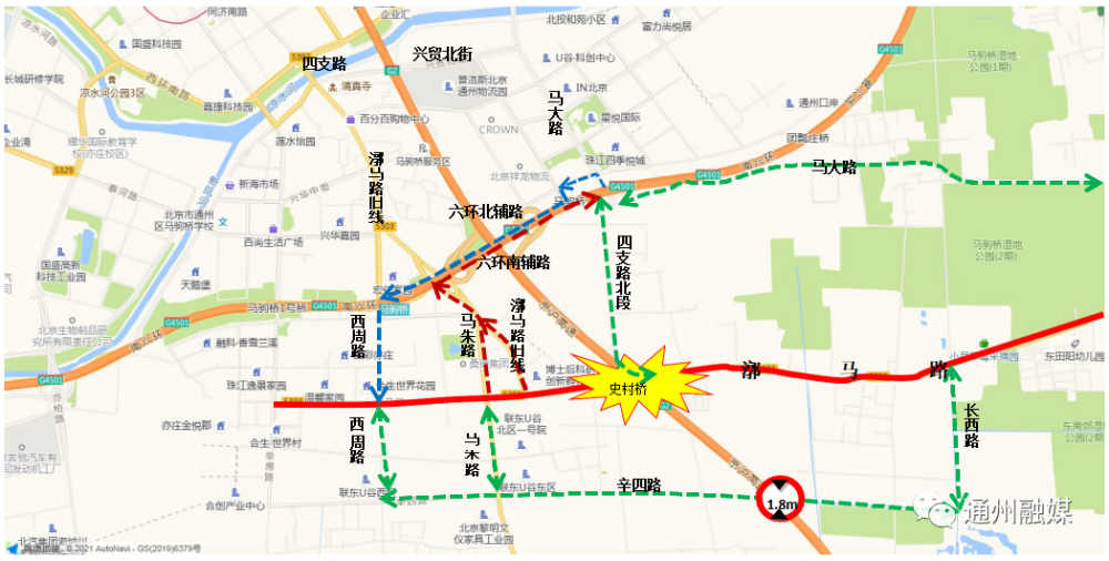 漷马路史村桥断行绕行路线图 公交车建议绕行路线 由西向东经漷马路