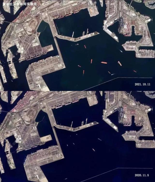洛杉矶港—长滩港卫星图片.同去年相比,今年港外停留船只明显增多.