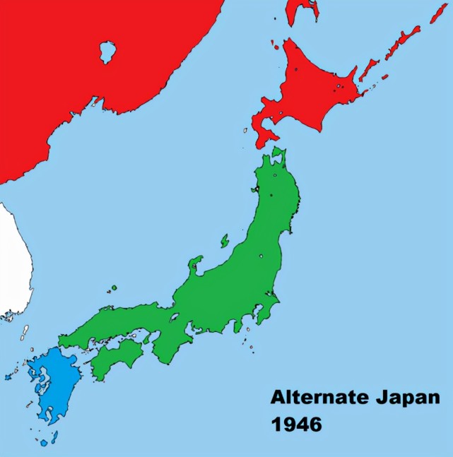 日本帝国领土为绿色,苏联领土为红色,盟军领土为蓝色.