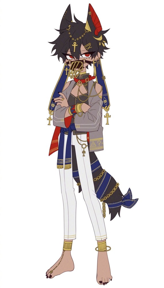 外国画师二次元角色设计拉小提琴的狼人少年神话里的阿努比斯