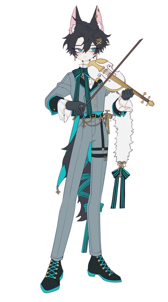 外国画师二次元角色设计拉小提琴的狼人少年神话里的阿努比斯