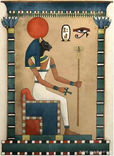 古埃及壁画:猫首人身的贝斯特女神,手持驱逐邪灵的叉铃和狮子头装饰的