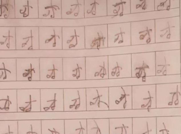 小学生练习写"才"字,字迹更像是"樱桃落地,老师坦言看不懂