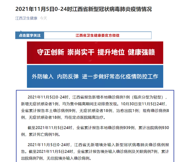 2021年11月5日0-24时江西省新型冠状病毒肺炎疫情情况