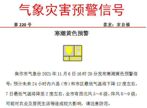 今天焦作也发布了气象灾害预警信号到晚上23时,焦作气温将跌破0℃!