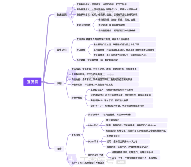 直肠癌的重要考点】,本张思维导图涵盖了直肠癌的以下重点 (1)临床