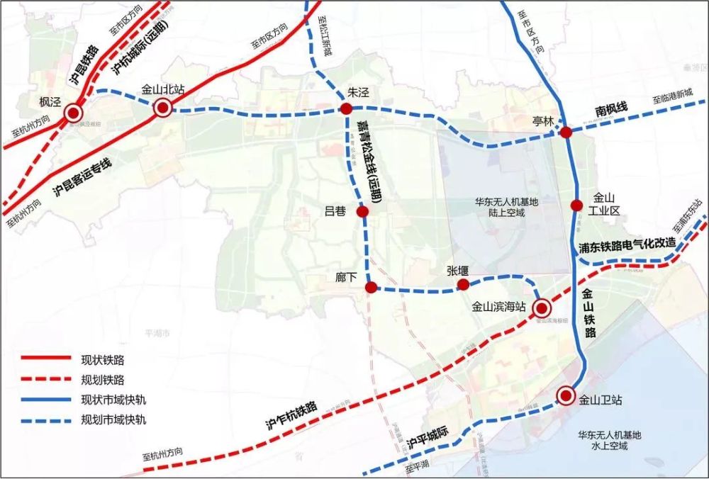 市域铁路南枫线,市域铁路嘉青松金线,沪乍杭铁路等交通规划图 绿色