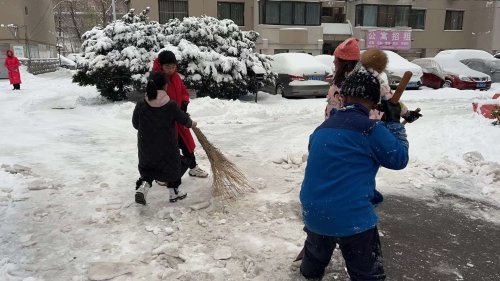 沈阳华地城市花园小区学生娃们自发组织下楼扫雪