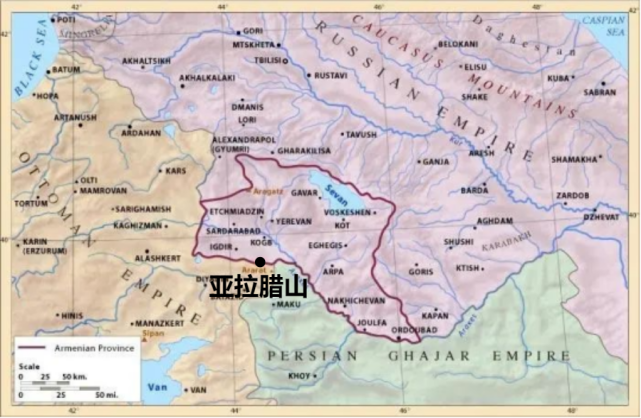 俄国占领的亚美尼亚(红线内,亚拉腊山属于界山三,土耳其占有亚拉腊
