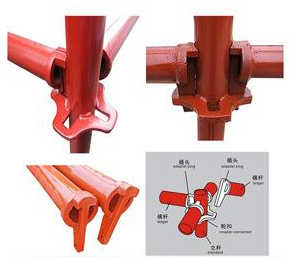 轮扣式脚手架立杆采用套管承插连接,水平杆采用杆端焊接楔形直插头