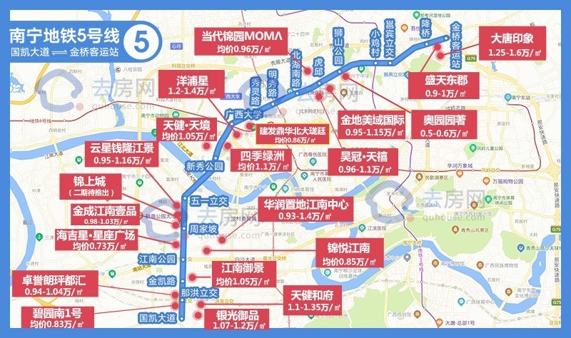 即将通车!南宁地铁5号线沿线楼盘最新房价地图曝光