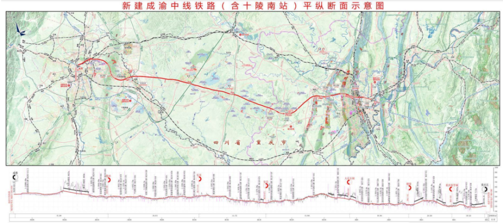 上跨车城大道,成南高速至龙潭寺,后采用高架形式沿达成铁路,既有成渝