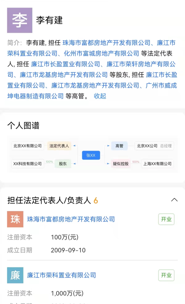 其中大股东李有建担任珠海市富都房地产开发有限公司,廉江市荣科置业