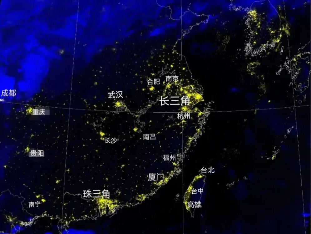 中国南方10月份最新的卫星夜光图,去掉滤镜之后的各地